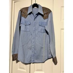 Vintage Western Shirt Mens L Foxy Snap Button Blue Plaid Yoke EUC